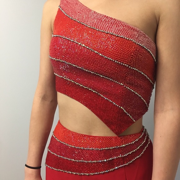 Two piece beaded red gown prom dress one shoulder - Picture 5 of 5